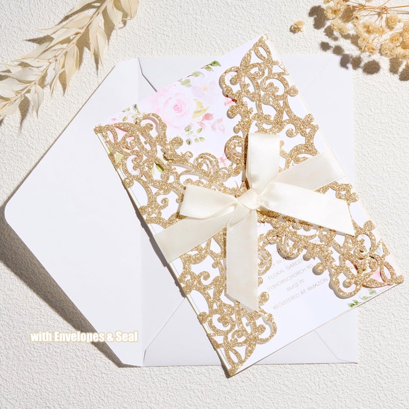 AdasBridal 50Pcs Glitter Floral Laser Cut Wedding Invitation Cards with Envelope Blank Inner Sheet and Ribbon for Wedding Engagement Bridal Shower Party Invite(7.09 X 4.92inch, Rose Gold) - Image 4